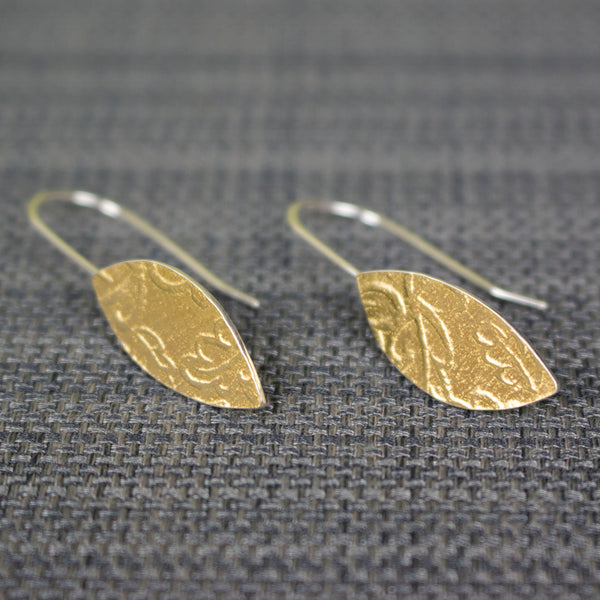 24k gold and silver oak leaf patterned petal shaped drop earrings by Joanne Tinley Jewellery