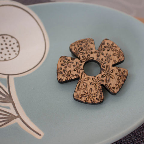 oak daisy brooch by Joanne Tinley Jewellery