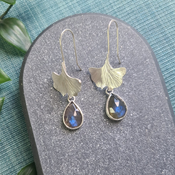 Labradorite Ginkgo Leaf drop earrings