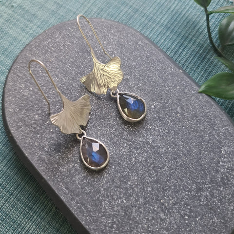 Labradorite Ginkgo Leaf drop earrings