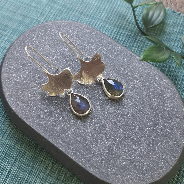 Labradorite Ginkgo Leaf drop earrings