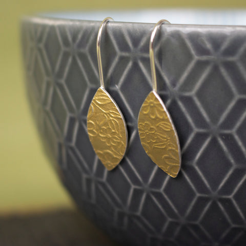 24k gold and silver flower patterned petal shaped drop earrings by Joanne Tinley Jewellery