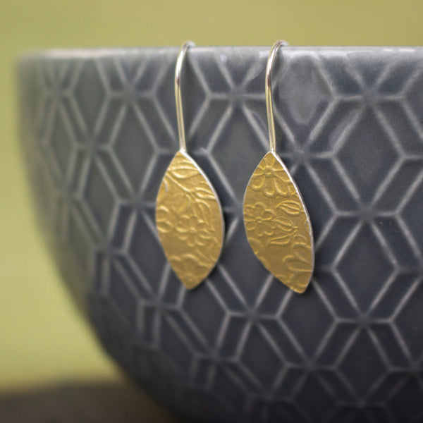 24k gold and silver flower patterned petal shaped drop earrings by Joanne Tinley Jewellery