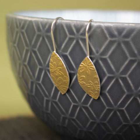 24k gold and silver flower patterned petal shaped drop earrings by Joanne Tinley Jewellery