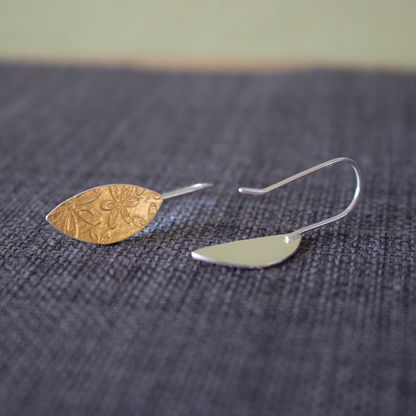 24k gold and silver flower patterned petal shaped drop earrings by Joanne Tinley Jewellery