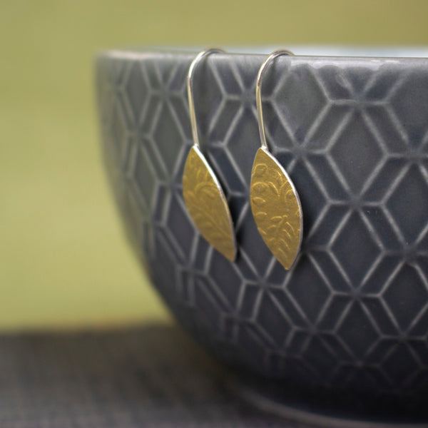 24k gold and silver leaf patterned petal shaped drop earrings by Joanne Tinley Jewellery