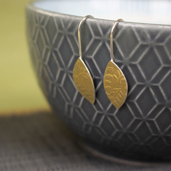 24k gold and silver leaf patterned petal shaped drop earrings by Joanne Tinley Jewellery