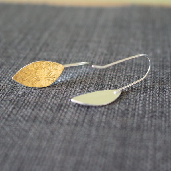 24k gold and silver leaf patterned petal shaped drop earrings by Joanne Tinley Jewellery