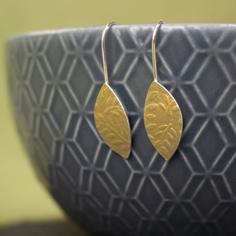 24k gold and silver leaf patterned petal shaped drop earrings by Joanne Tinley Jewellery