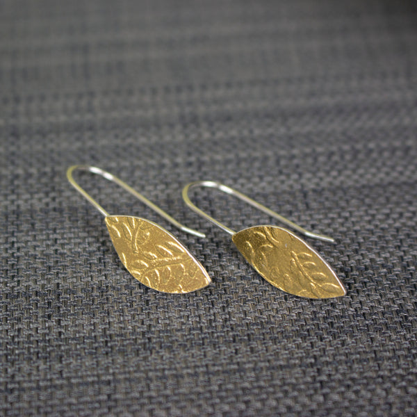 24k gold and silver leaf patterned petal shaped drop earrings by Joanne Tinley Jewellery