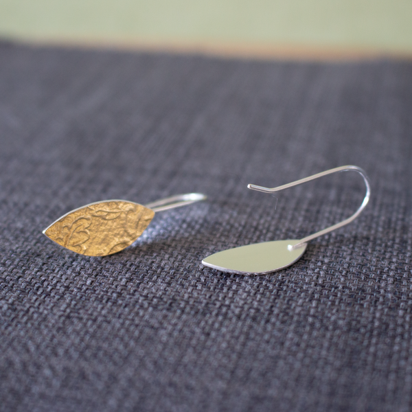 24k gold and silver oak leaf patterned petal shaped drop earrings by Joanne Tinley Jewellery
