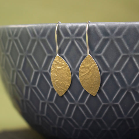 24k gold and silver oak leaf patterned petal shaped drop earrings by Joanne Tinley Jewellery