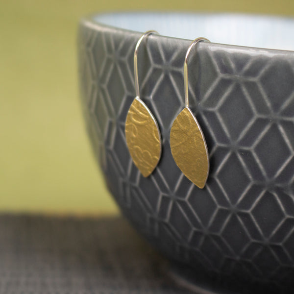 24k gold and silver oak leaf patterned petal shaped drop earrings by Joanne Tinley Jewellery