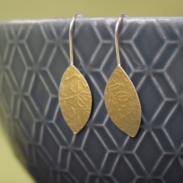 24k gold and silver leaf patterned petal shaped drop earrings by Joanne Tinley Jewellery