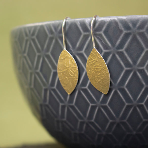 24k gold and silver leaf patterned petal shaped drop earrings by Joanne Tinley Jewellery