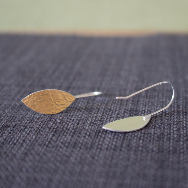 24k gold and silver leaf patterned petal shaped drop earrings by Joanne Tinley Jewellery