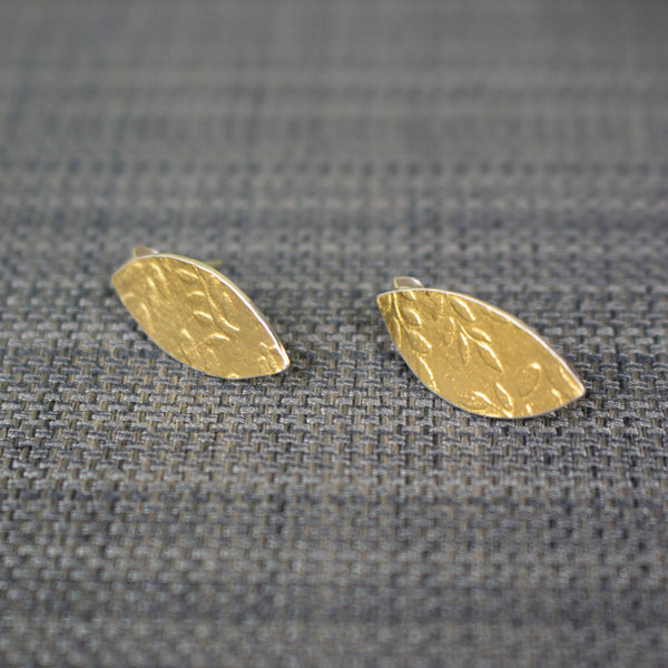 24k gold and silver leaf patterned petal shaped stud earrings by Joanne Tinley Jewellery