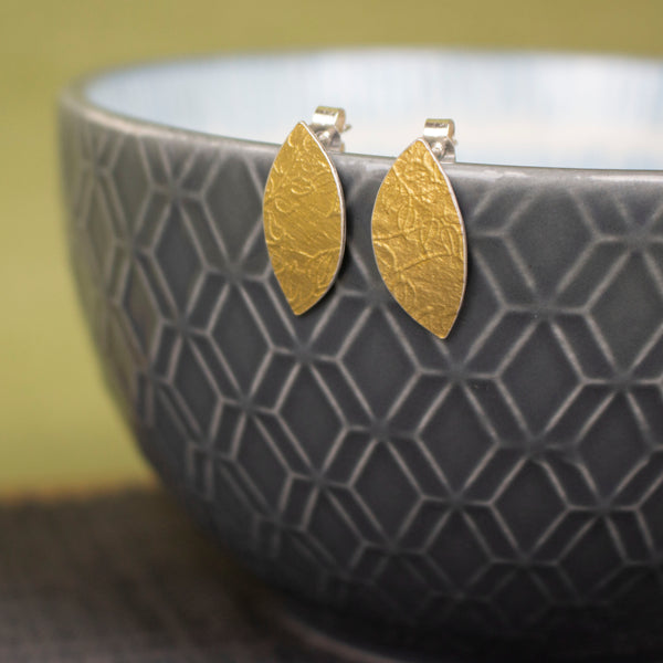 24k gold and silver leaf patterned petal shaped stud earrings by Joanne Tinley Jewellery