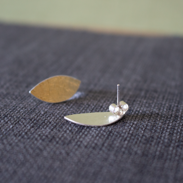 24k gold and silver leaf patterned petal shaped stud earrings by Joanne Tinley Jewellery