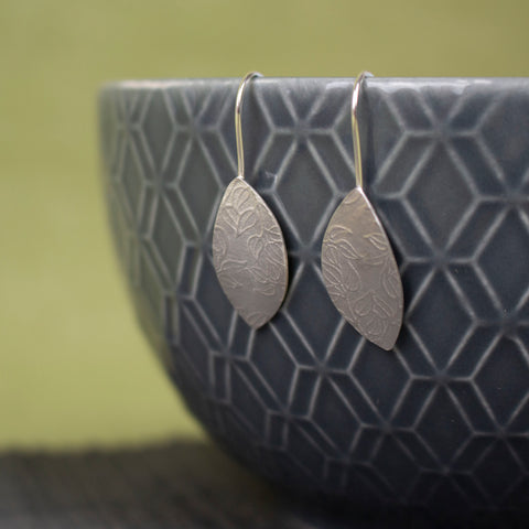 sterling silver petal shaped drop earrings by Joanne Tinley Jewellery