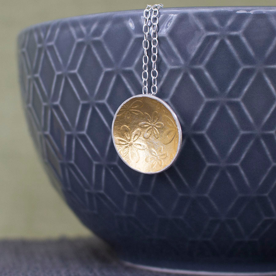 silver gold keum boo flower pendant at Joanne Tinley Jewellery