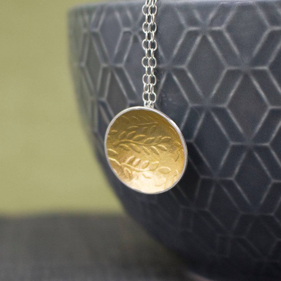 silver gold keum boo leaf pendant at Joanne Tinley Jewellery
