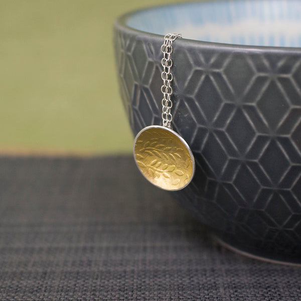 silver gold keum boo leaf pendant at Joanne Tinley Jewellery