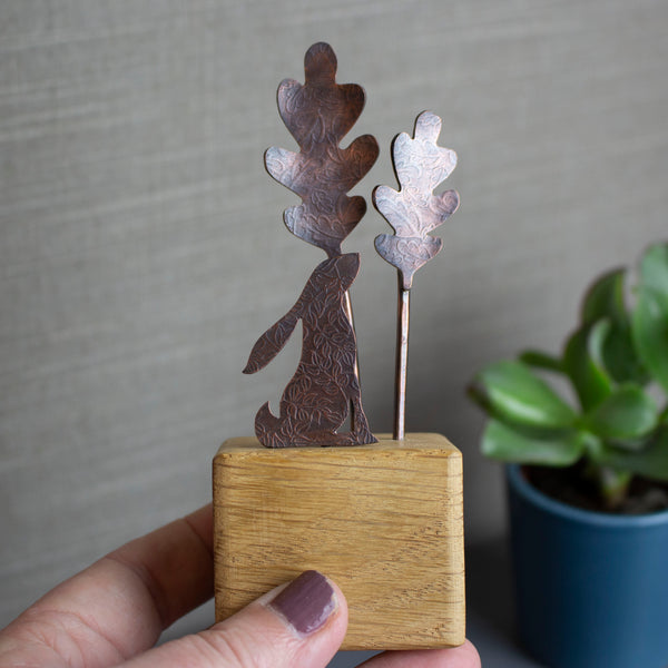 hare and oak leaf ornament handcrafted from copper and oak by Joanne Tinley