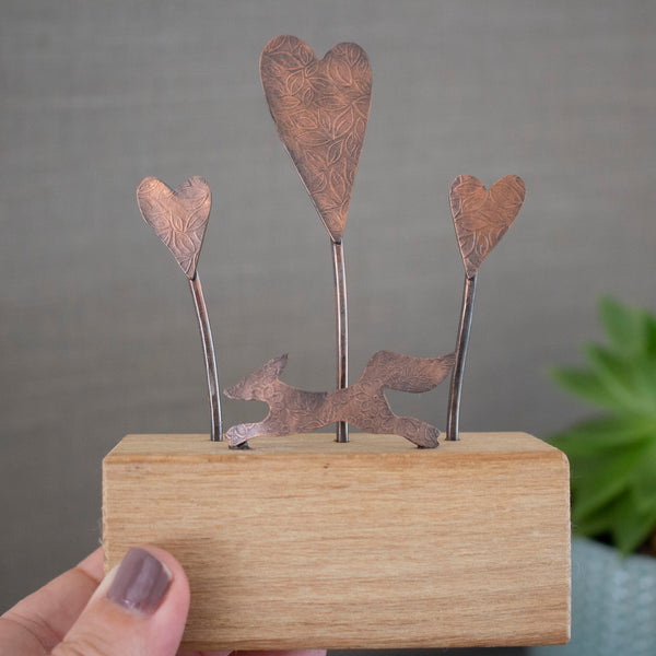 Copper and Oak handcrafted ornament with fox and hearts - Joanne Tinley Jewellery