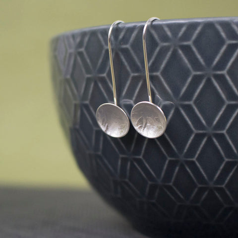 sterling silver leaf disc earring at Joanne Tinley Jewellery