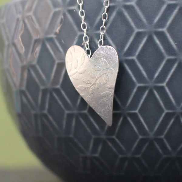 sterling silver leaf heart pendant at Joanne Tinley Jewellery
