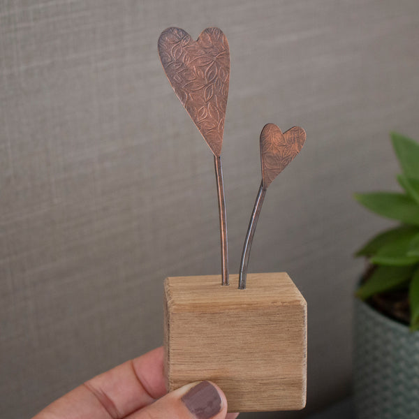 Copper and oak ornament featuring beautifully textured hearts - Joanne Tinley Jewellery