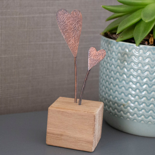 Copper and oak ornament featuring beautifully textured hearts - Joanne Tinley Jewellery